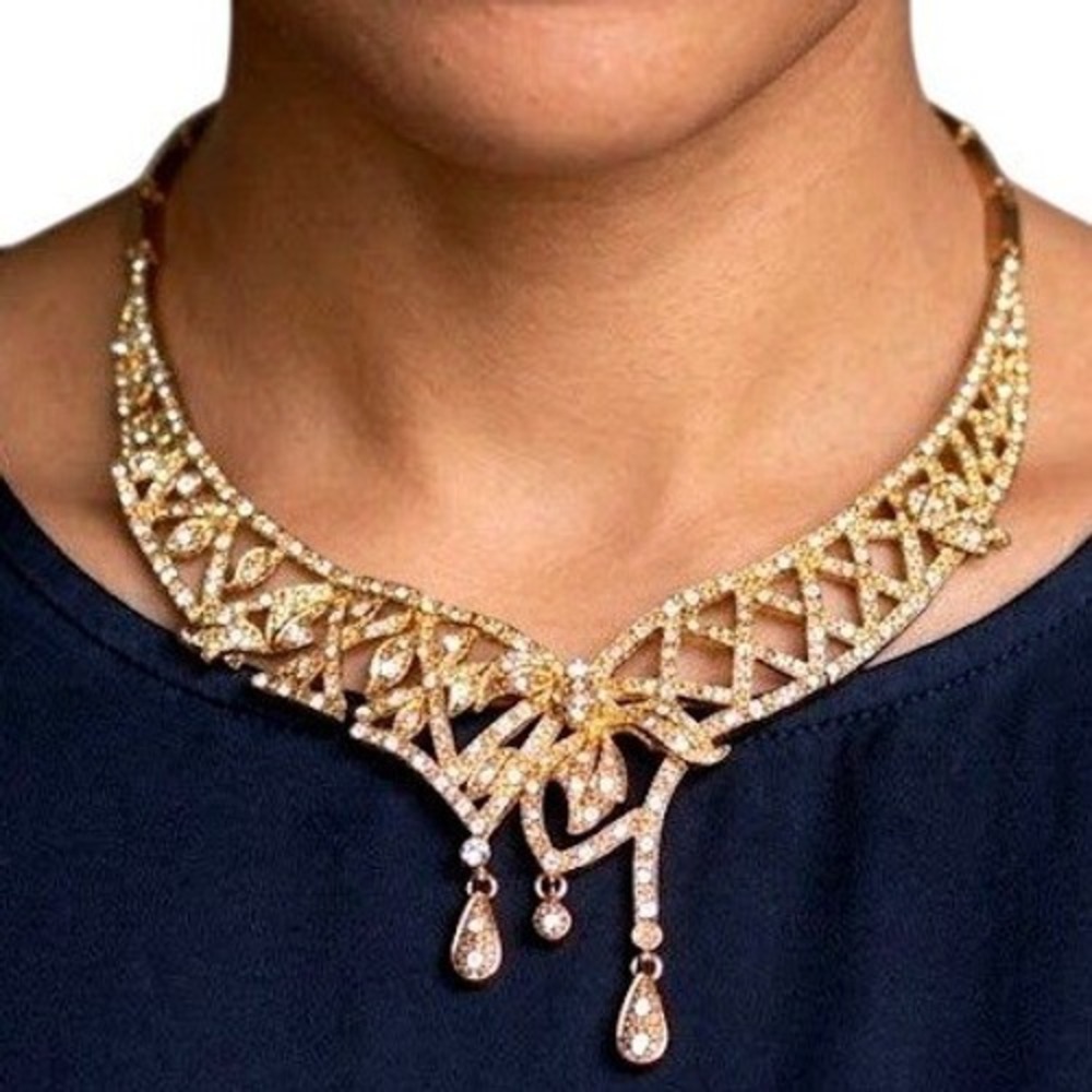 Gold Tone Rhinestone Lattice Bib Necklace Mid Century Teardrop Jewelry